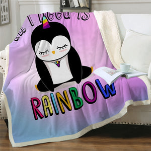 All I Need Is Rainbow Cartoon Penguin Cozy Soft Sherpa Blanket