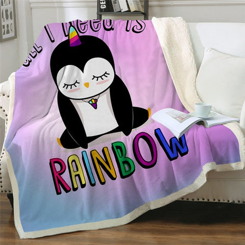 Image of All I Need Is Rainbow Cartoon Penguin Cozy Soft Sherpa Blanket