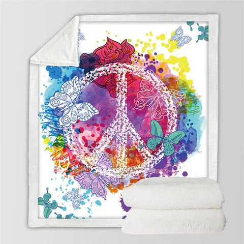 Image of Watercolor Love Peace Symbol Butterfly Cozy Soft Sherpa Blanket
