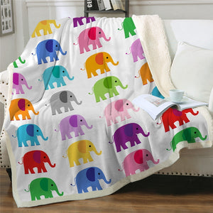 Colorful Cartoon Elephants Pattern Soft Sherpa Blanket