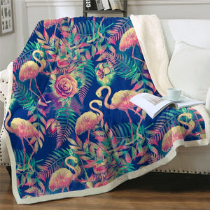 Vintage Retro Flamingo Pattern Cozy Soft Sherpa Blanket