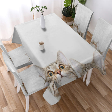 Image of Cute Cartoon Cat White Table Cloth Waterproof 07