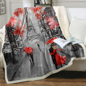 Romantic Raining Day Paris Tower Cozy Soft Sherpa Blanket