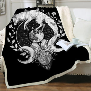 Moon Child Black White Wolf And Moon Soft Sherpa Blanket