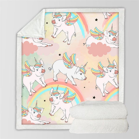 Image of Lovely Pig Rainbow Cozy Soft Sherpa Blanket