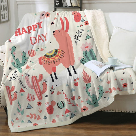 Image of Lovely Happy Day Llama Cactus Soft Sherpa Blanket