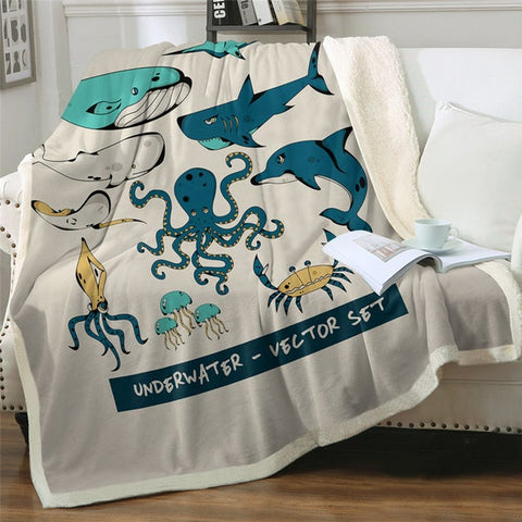 Image of Underwater Life Ocean Animals Cozy Soft Sherpa Blanket