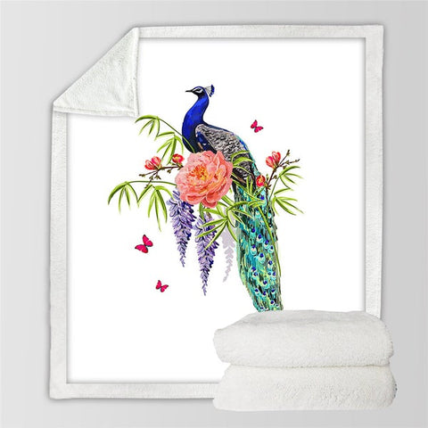 Image of Watercolor Beautiful Peacock Soft Sherpa Blanket