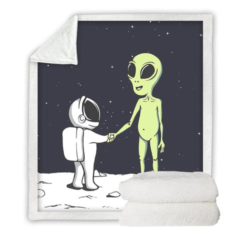 Image of Funny Alien And Astronaut Handshake Cozy Soft Sherpa Blanket