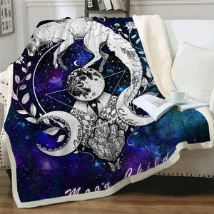Moon Child Galaxy Wolf And Moon Soft Sherpa Blanket