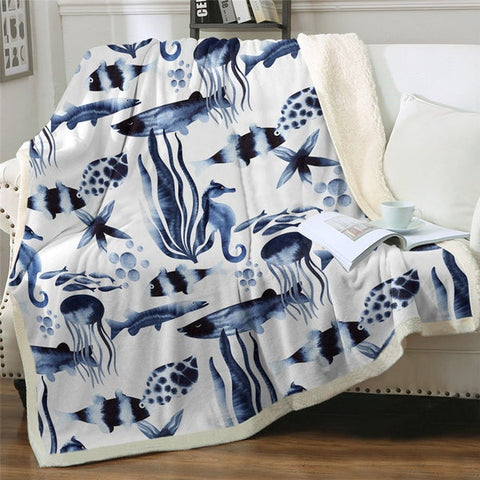 Image of Ink Painting Marine Life Seafood Soft Sherpa Blanket