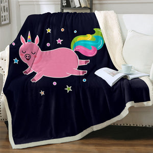 Unicorn Pig Colorful Tail Cozy Soft Sherpa Blanket