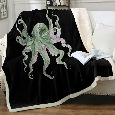 Image of Watercolor Green Octopus Ocean Animal Cozy Soft Sherpa Blanket