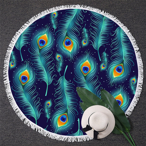 Image of Peacock Feather Round Beach Towel 01