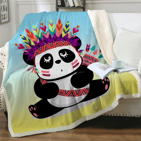 Image of Cute Cartoon Panda With Feathers Crown Soft Sherpa Blanket