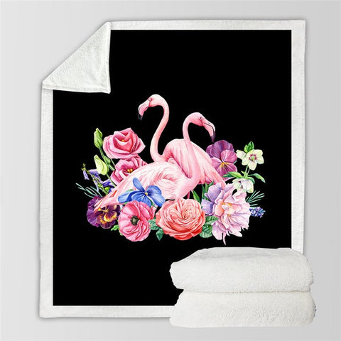 Image of Watercolor Flamingo Couple Flowers Cozy Soft Sherpa Blanket