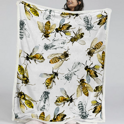 Image of Watercolor Bee Fly Pattern Soft Sherpa Blanket