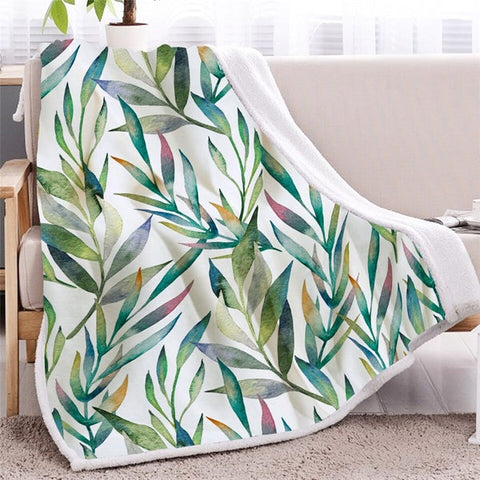 Image of Watercolor Green Leaves Pattern Soft Sherpa Blanket