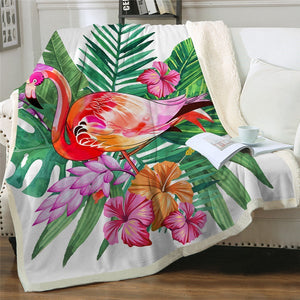 Beautiful Flamingo Tropical Plants Cozy Soft Sherpa Blanket