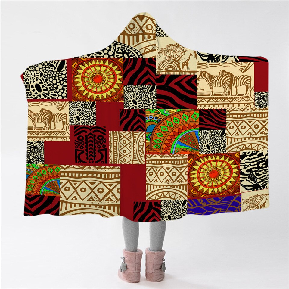 African Pattern Boxex Hooded Blanket