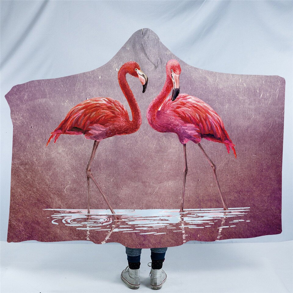 3D Flamingo Couple Hooded Blanket