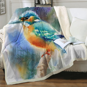 Watercolor Kingfisher Bird Cozy Soft Sherpa Blanket