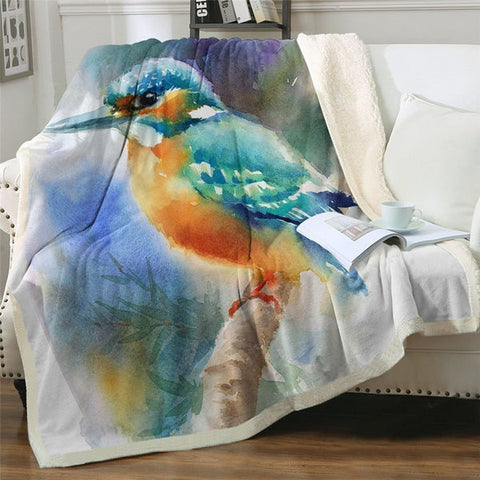 Image of Watercolor Kingfisher Bird Cozy Soft Sherpa Blanket