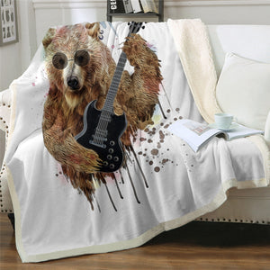 Cool Bear Plays Guitar Cozy Soft Sherpa Blanket