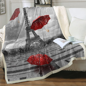 Red Umbrellas Paris Eiffel Tower Cozy Soft Sherpa Blanket