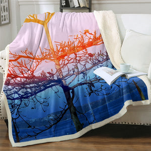 3D Printed Sunrise And Solitary Tree Cozy Soft Sherpa Blanket