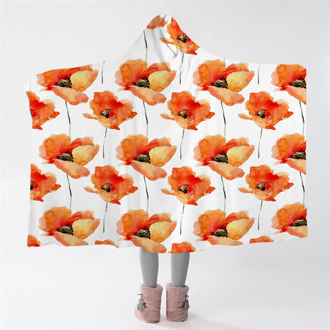 Image of Orange Flower Pattern Hooded Blanket