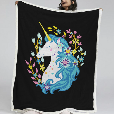 Image of Lovely Unicorn Blue Hair Floral Soft Sherpa Blanket