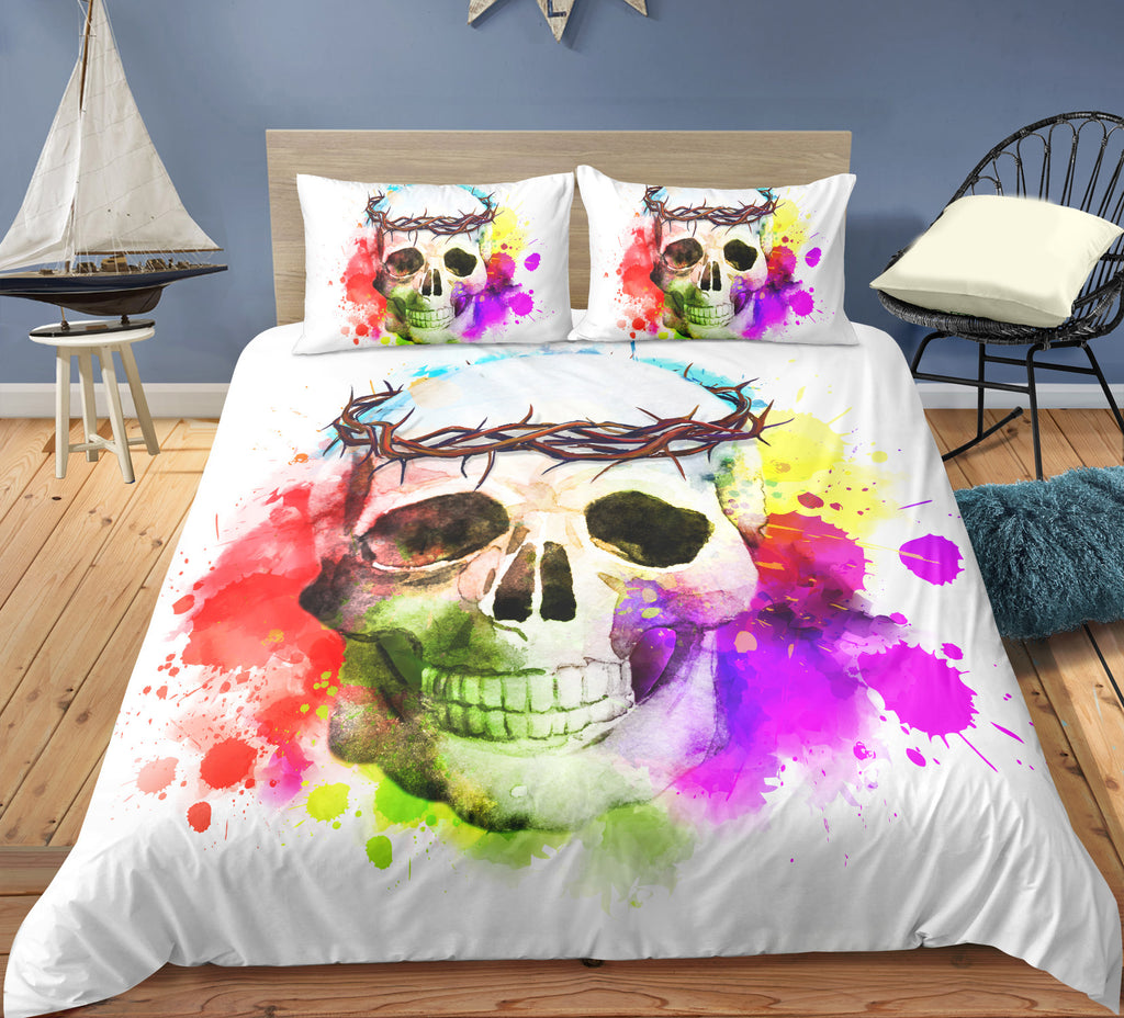Barbed Wire Crown Coloful Spray Skull Bedding Set