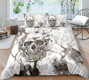 White & Gray Floral Spray Skull Bedding Set