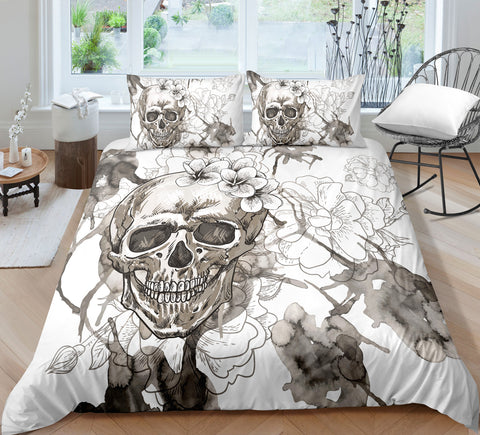 Image of White & Gray Floral Spray Skull Bedding Set