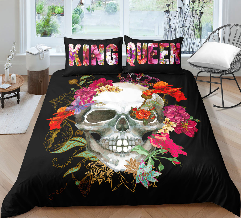 King & Queen Floral Skull Bedding Set