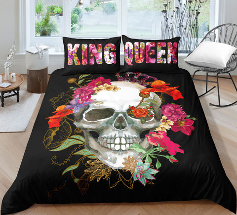 Image of King & Queen Floral Skull Bedding Set