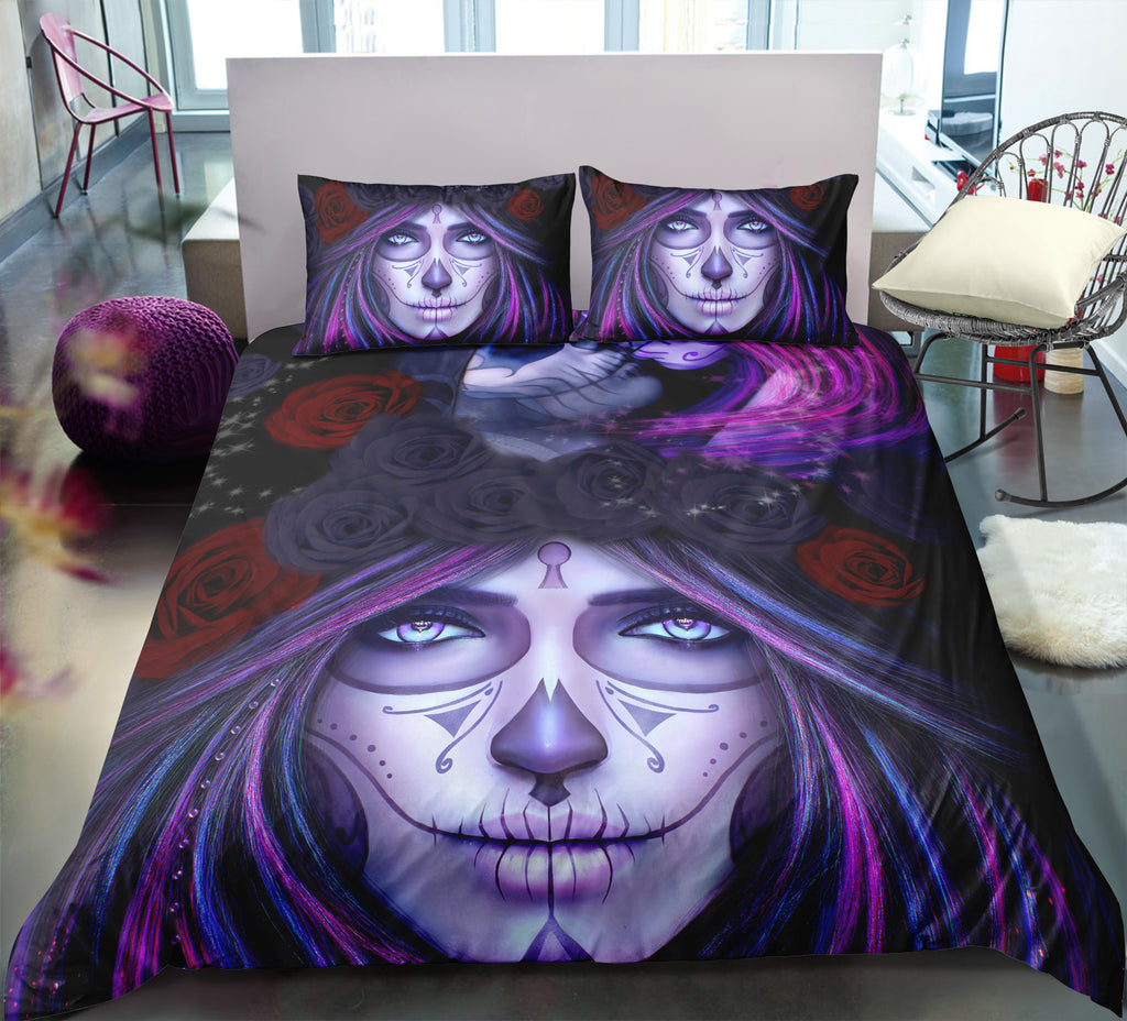 Purple Floral Lady Skull Bedding Set