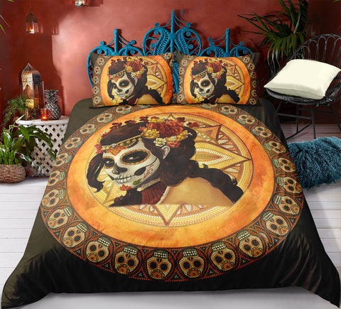Image of Orange Round Mandala Skull Pattern Bedding Set