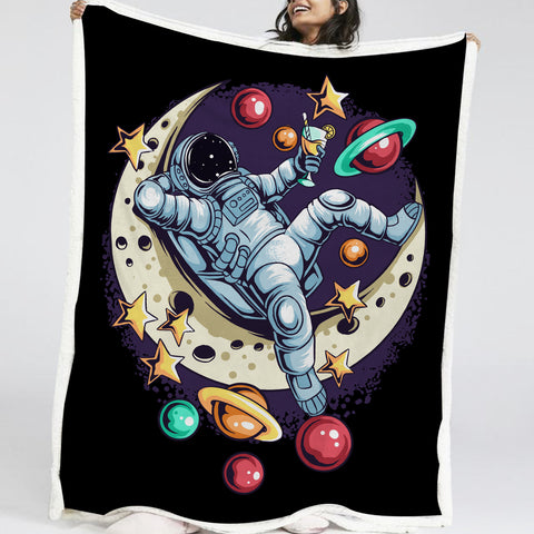 Image of Astronaut Relaxing On The Moon LKSPMA24 Sherpa Fleece Blanket