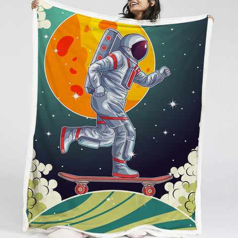 Image of Astronaut Playing Skateboard LKSPMA27 Sherpa Fleece Blanket