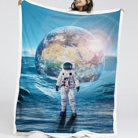 Image of Astronaut Standing Out Space LKSPMA46 Sherpa Fleece Blanket