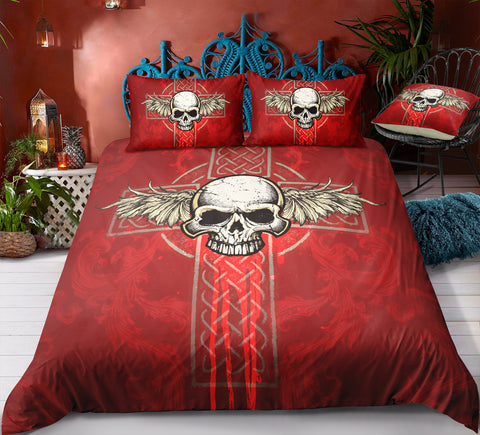 Image of Wings Cross Skull Vintage Red Bedding Set