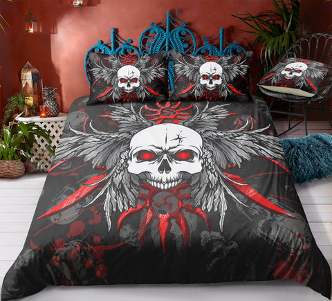 Image of Red Black Wings Skull Bedding Set