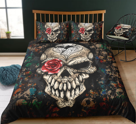 Image of Retro Dark Roses Skull Bedding Set