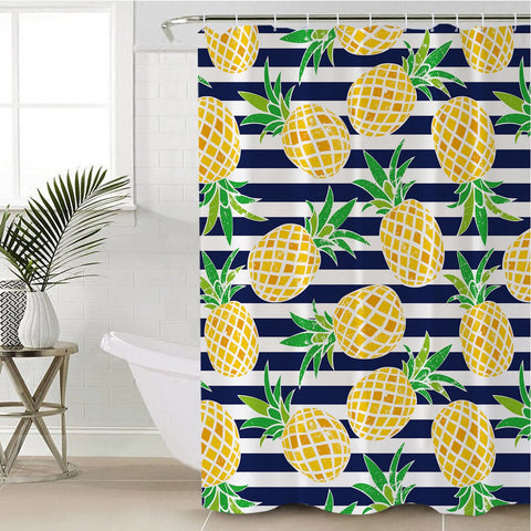Image of Pineapple Blue & White Stripes Shower Curtain