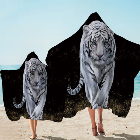 Image of Blue-eyed White Tiger Black Hooded Towel