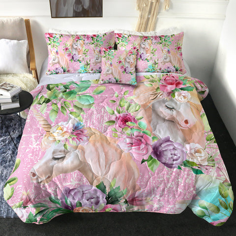 Image of 4 Pieces Floral Unicorns SWBD0010 Comforter Set