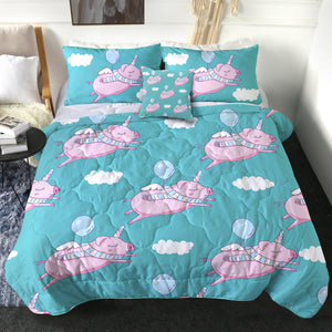 4 Pieces Flying Pig SWBD0065 Comforter Set