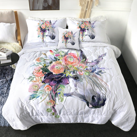 Image of 4 Pieces Floral Unicorn SWBD0662 Comforter Set